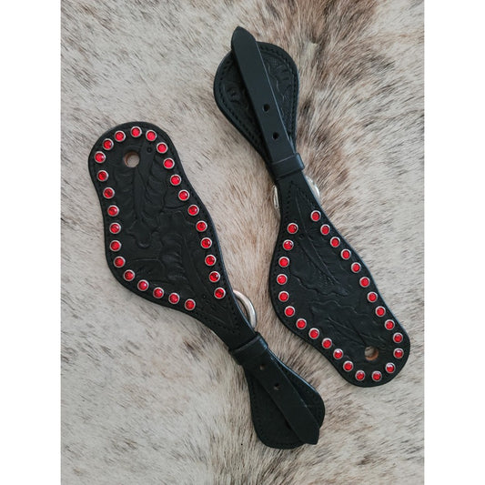 Black Western Acorn Tooled Leather Spur Straps Red Crystal Dots Ladies NEW