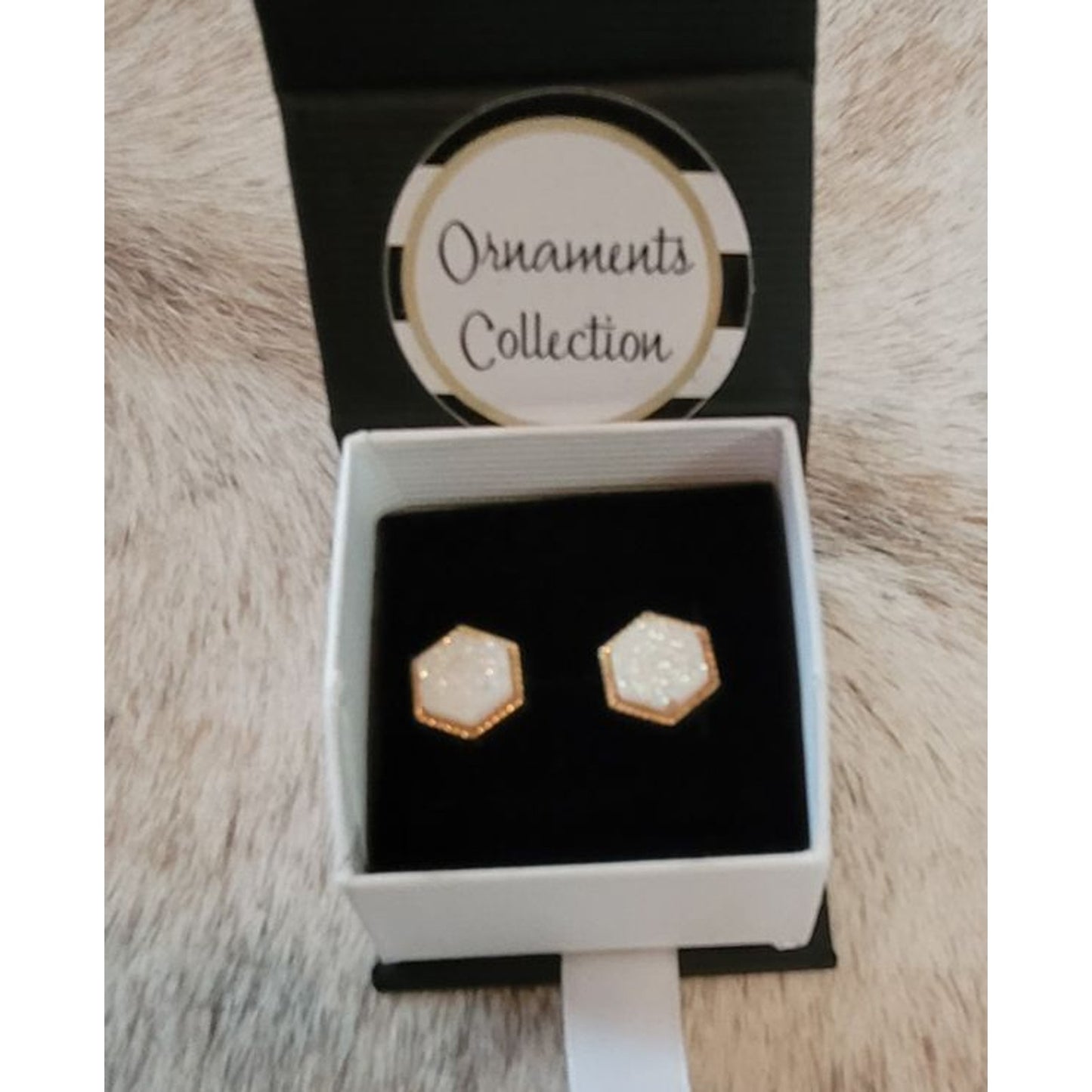 White Druzy Earrings Post Back Gold Framed Hexagon NEW