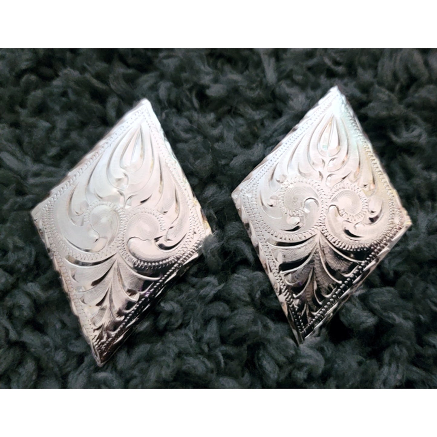 Silver Engraved Blanket Diamonds by Action Company PAIR! 3" top to bottom