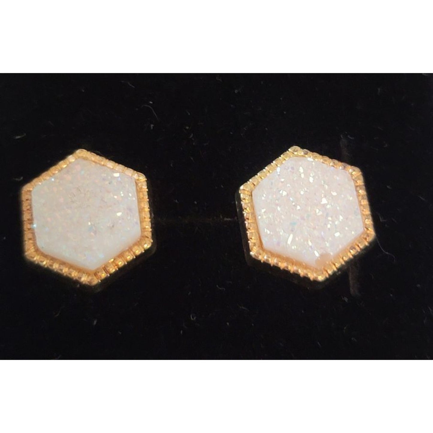 White Druzy Earrings Post Back Gold Framed Hexagon NEW