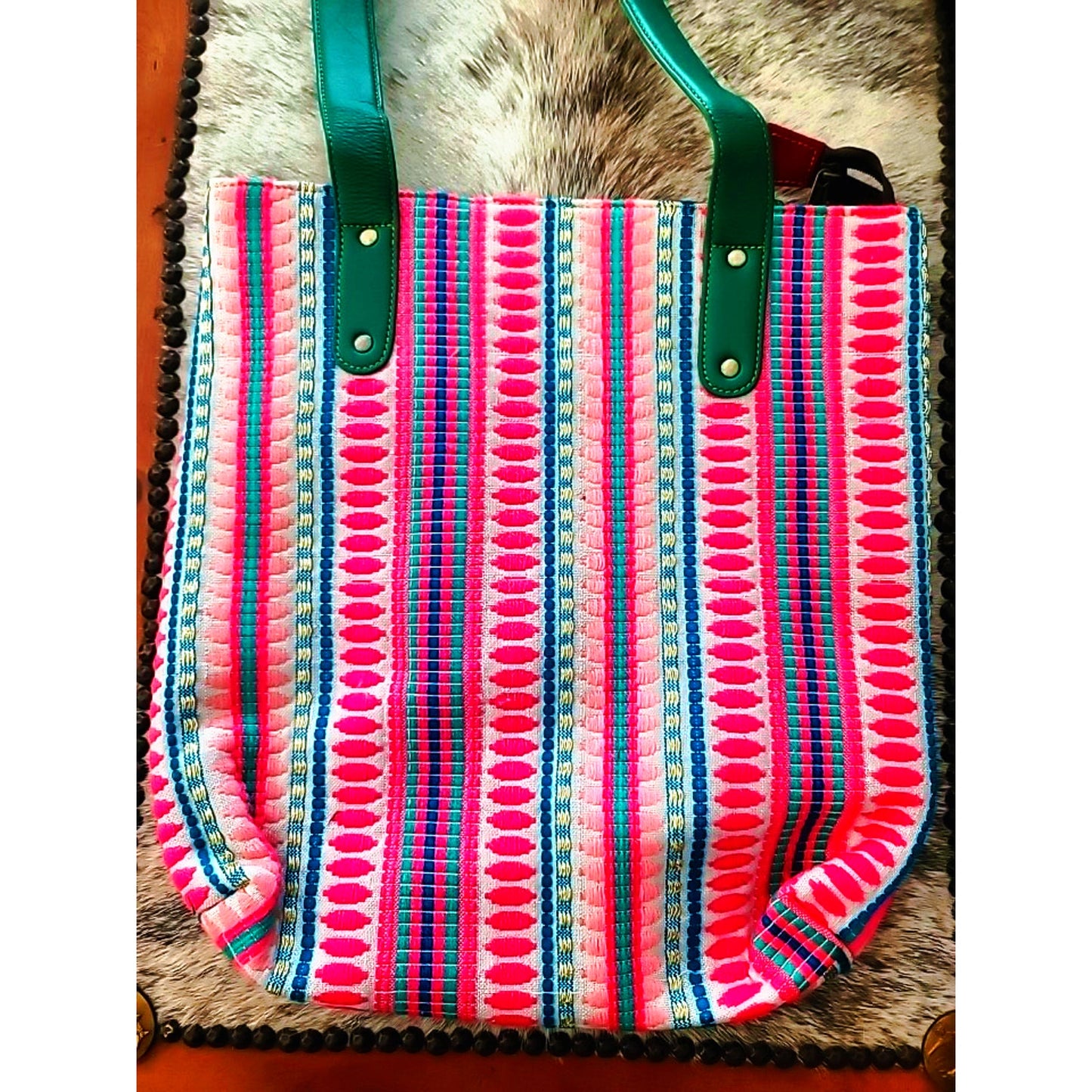 Tapestry and Leather Tote Bag Colorful! NEW