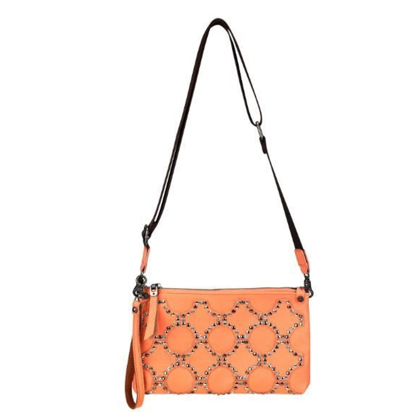 Montana West Crossbody Clutch Orange Sherbert Genuine Leather Crystals & Studs