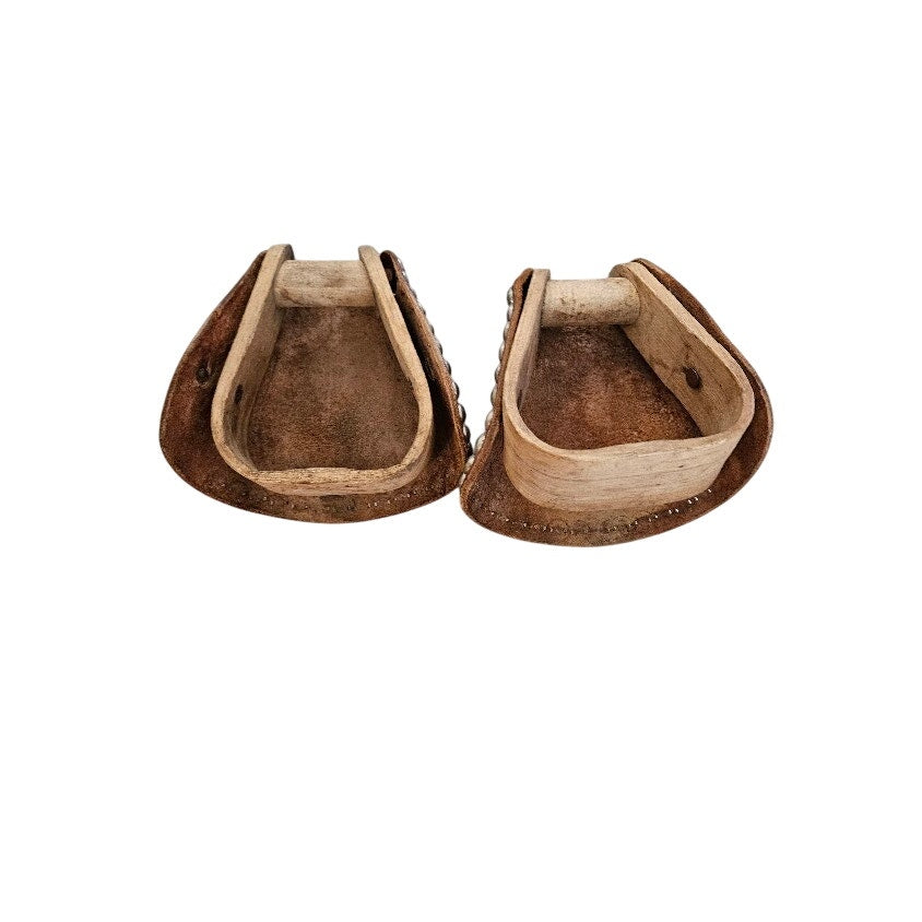 Vintage leather-covered western saddle stirrups Tapaderos