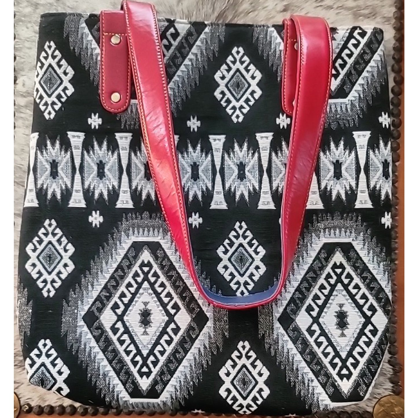 Tapestry and Leather Tote Bag Black & White Graphic! NEW