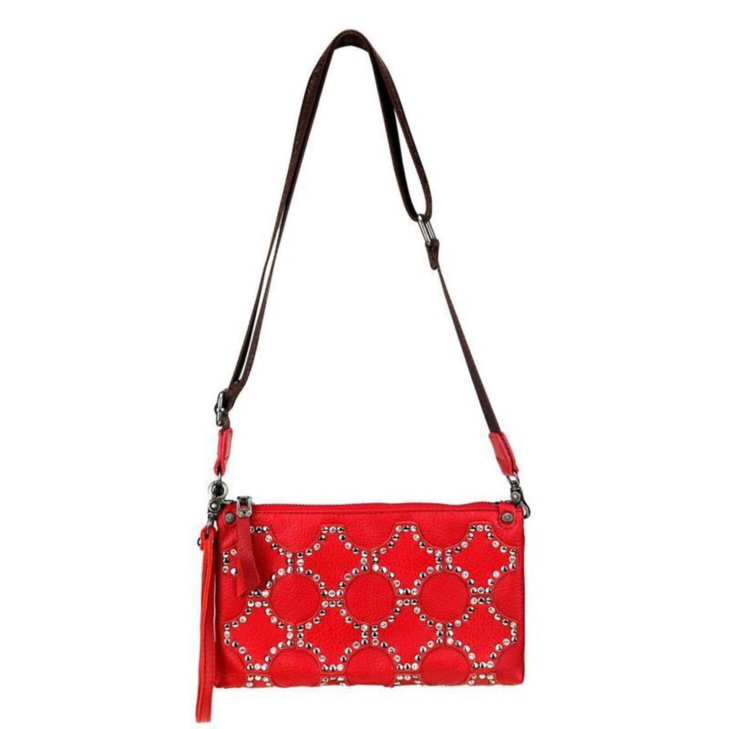 Montana West Crossbody Clutch Red Genuine Leather Crystals and Studs NEW