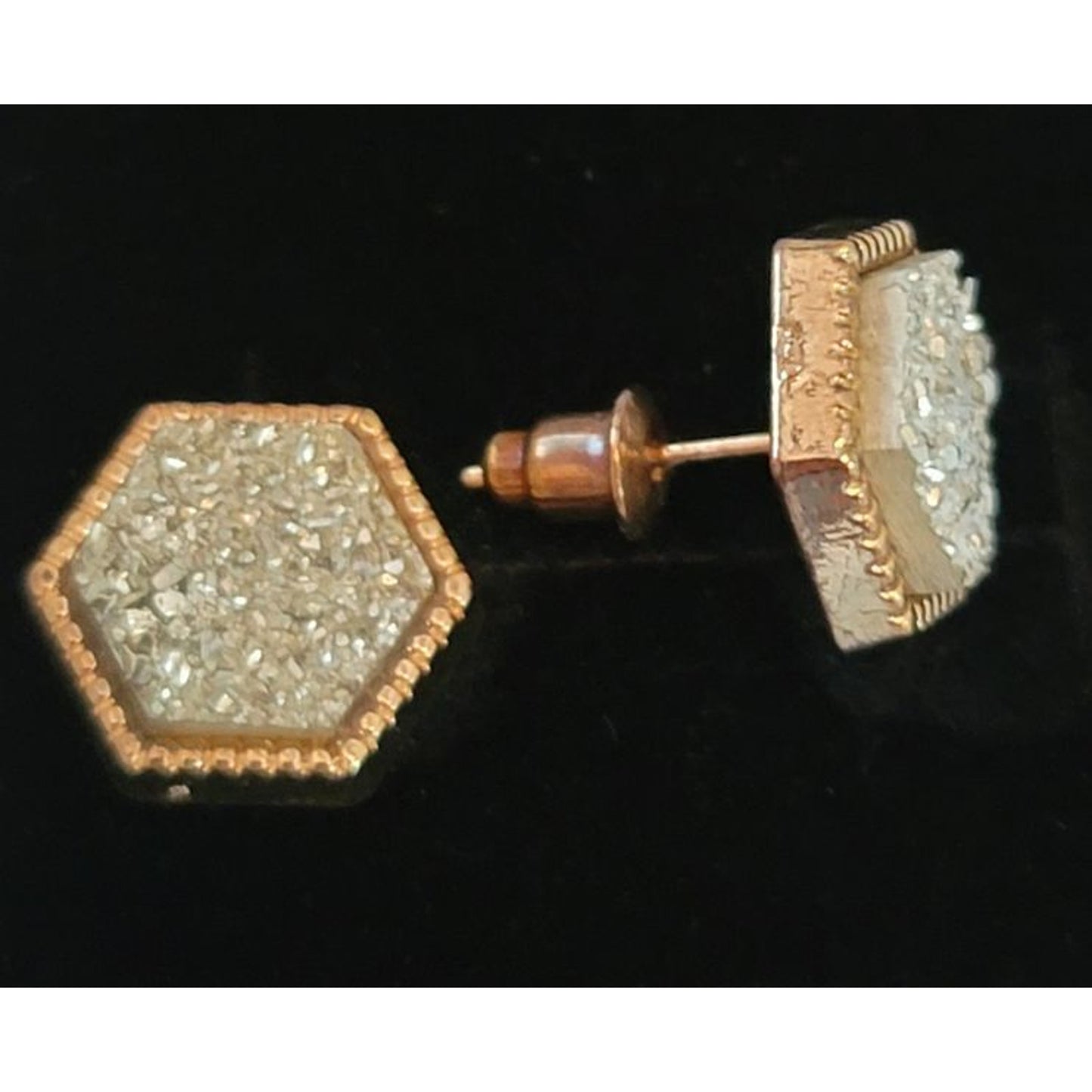 Crystal Druzy Earrings Post Back Gold Framed Hexagon NEW