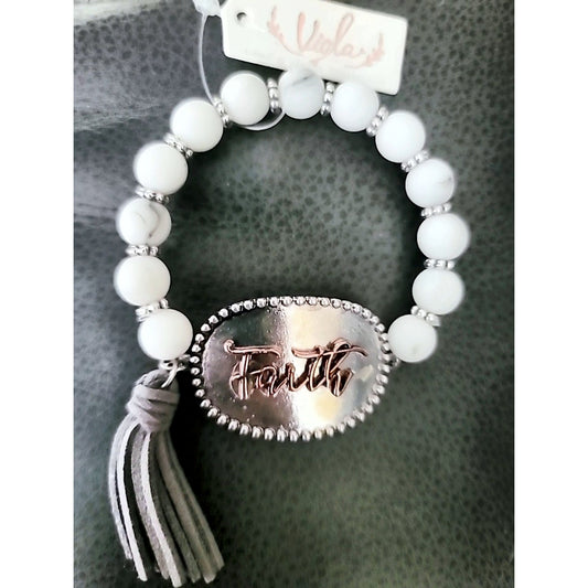Faith Stretch Bracelet with Leatherette tassle NEW