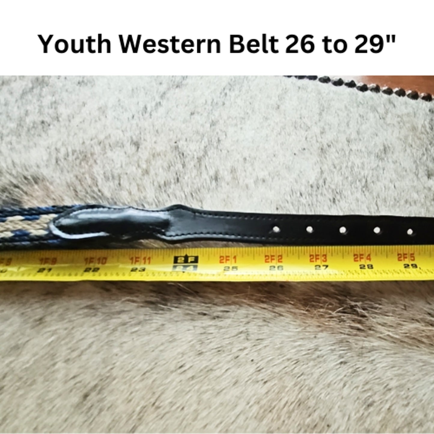Youth Western Belt Hitched 26" to 29" Black Cream and Blue USED