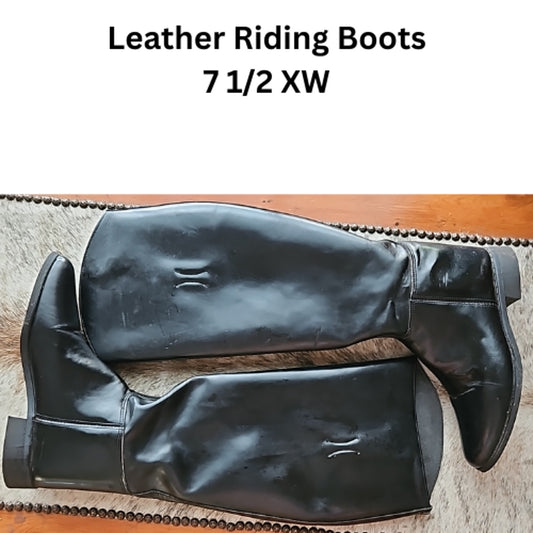 Tall Leather Black Horse Equestrian Riding Boots Size 7 1/2 Extra Wide USED