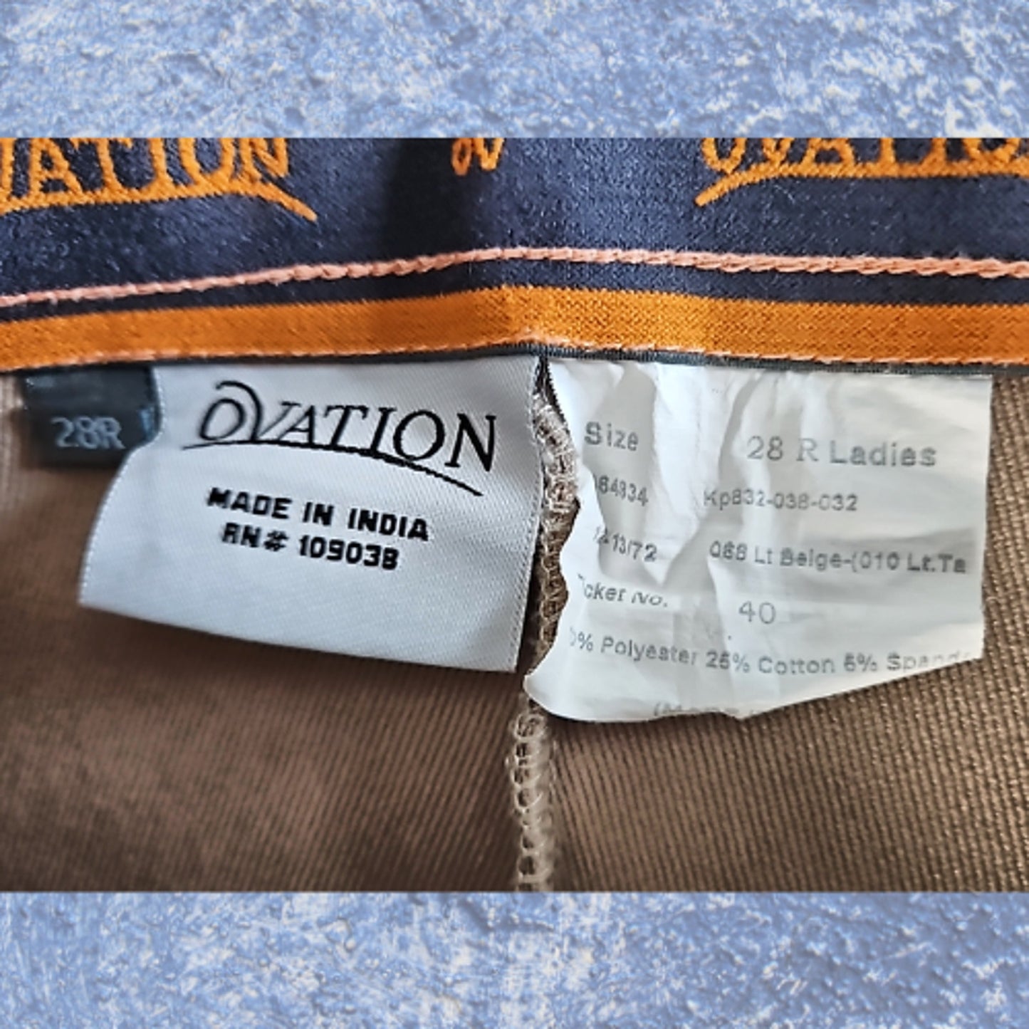 Ovation Tan Knee Patch Breeches Size 28R Pre-Owned