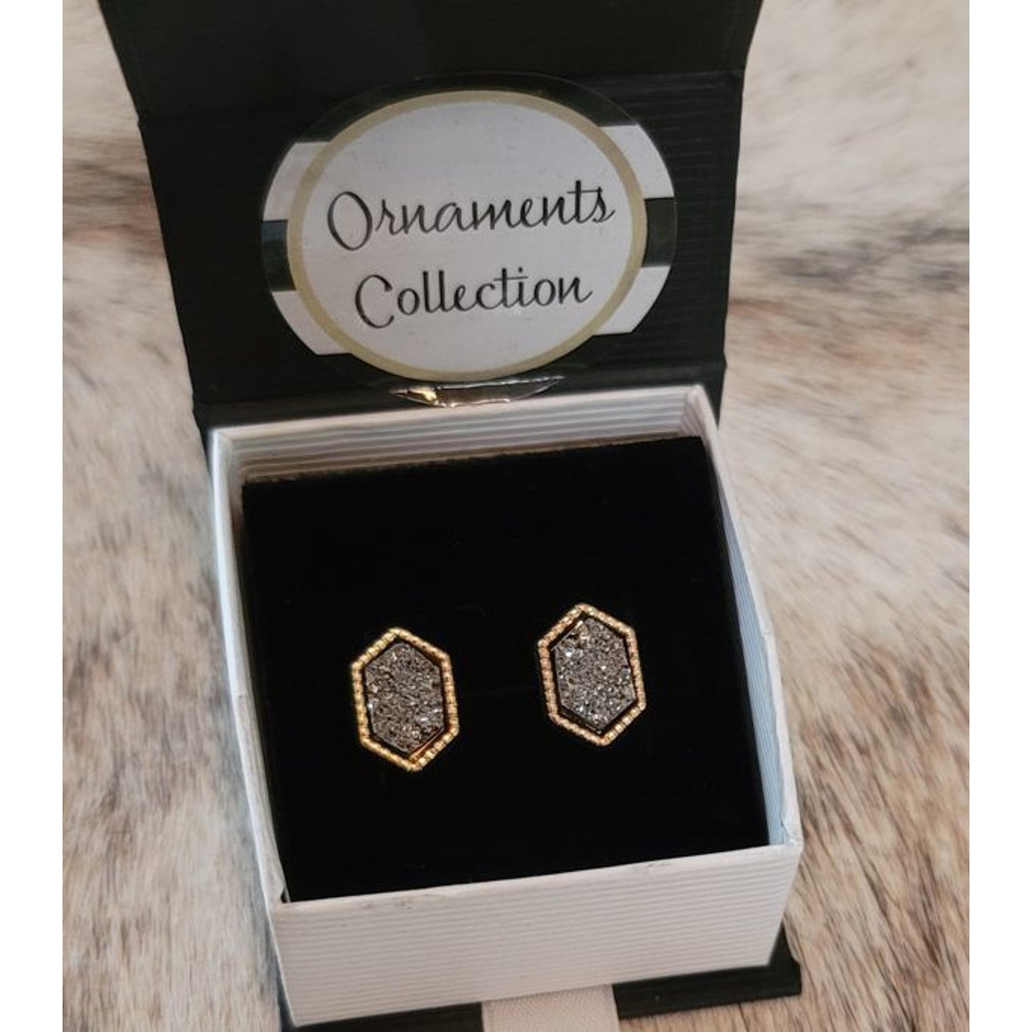 Crystal Druzy Earrings Post Back Gold Framed NEW
