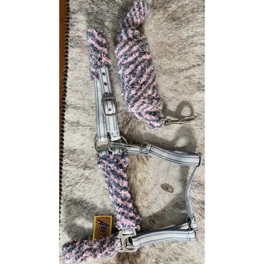 FUZZY Halter and Lead Horse Size Gray and Pink NEW