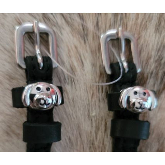 Puppy Dog Face Charm Leather English Spur Straps Adult Black