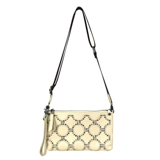 Montana West Crossbody Clutch Tan Genuine Leather Crystals and Studs NEW