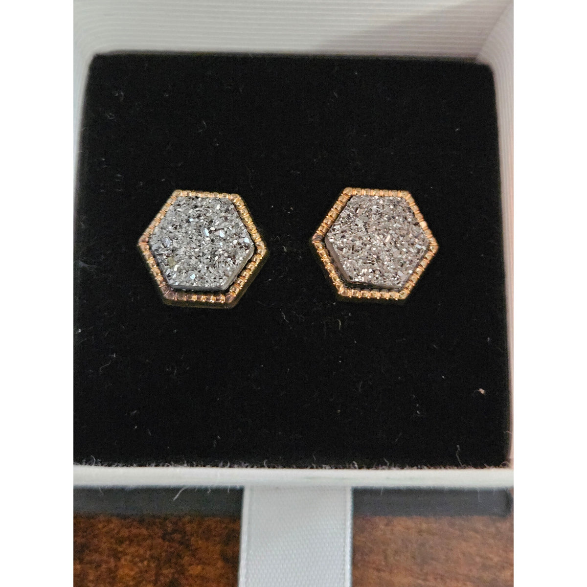 Gray Druzy Earrings Post Back Gold Framed Hexagon NEW
