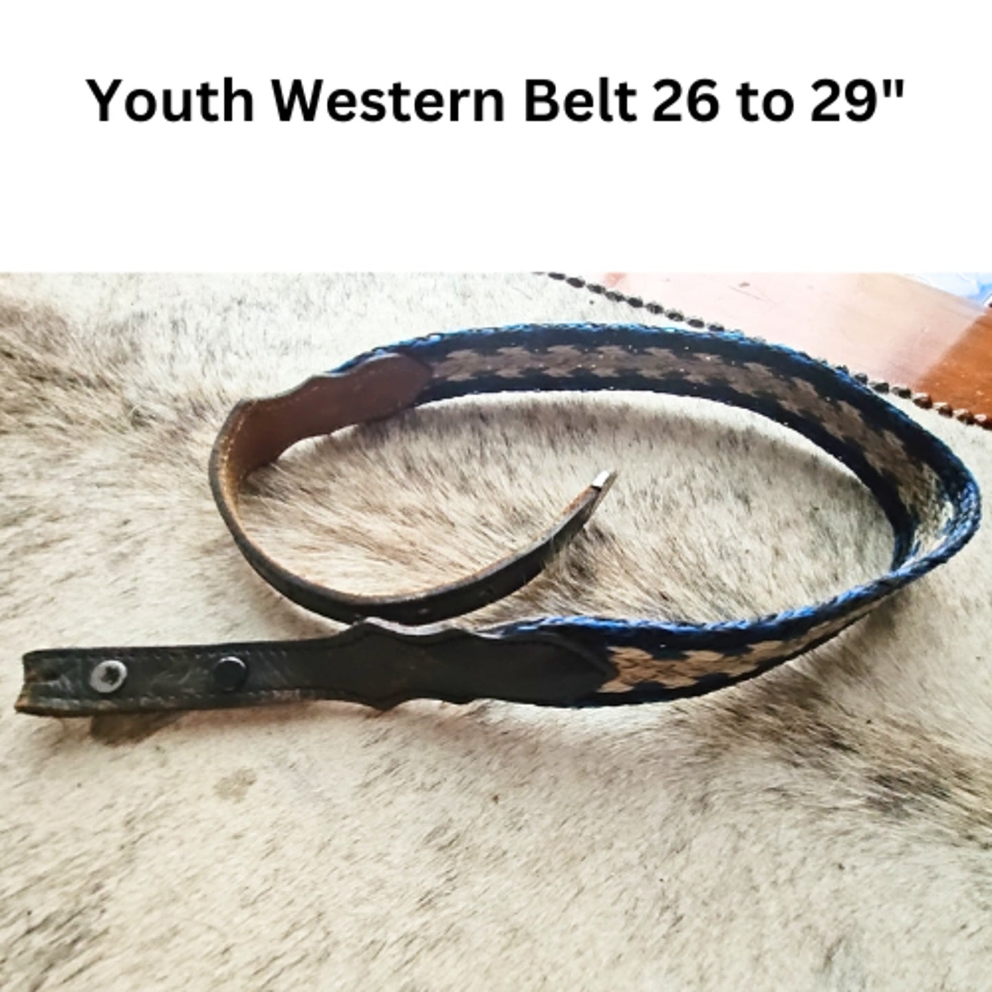 Youth Western Belt Hitched 26" to 29" Black Cream and Blue USED