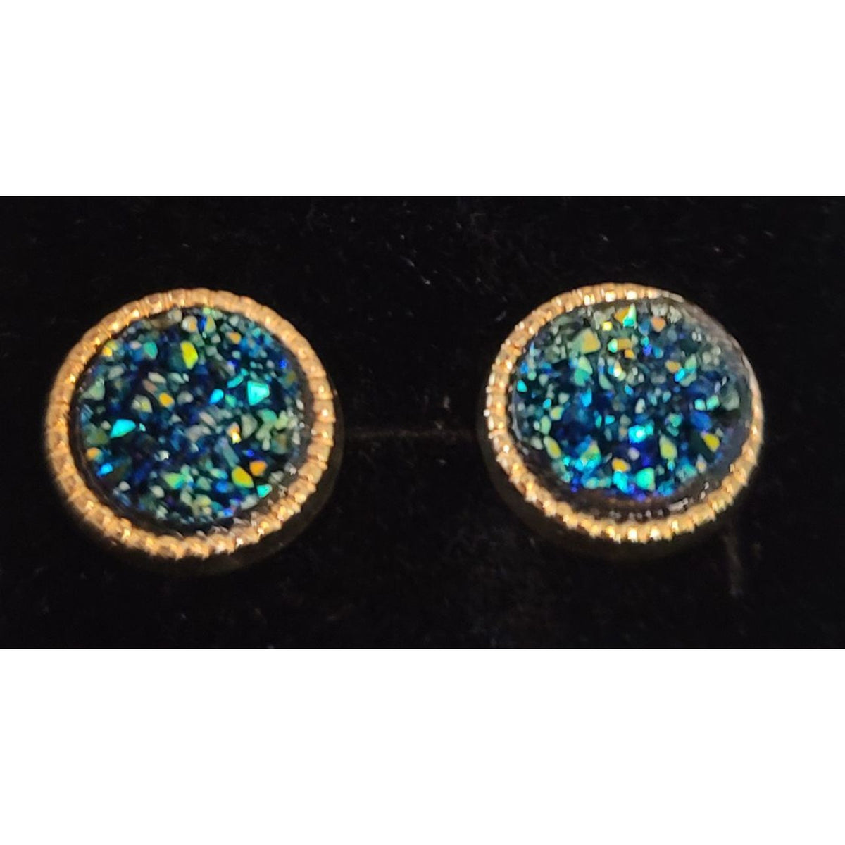 Blue Druzy Earrings Post Back Gold Framed Round NEW