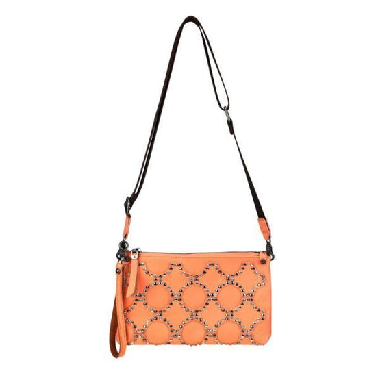 Montana West Crossbody Clutch Orange Sherbert Genuine Leather Crystals & Studs