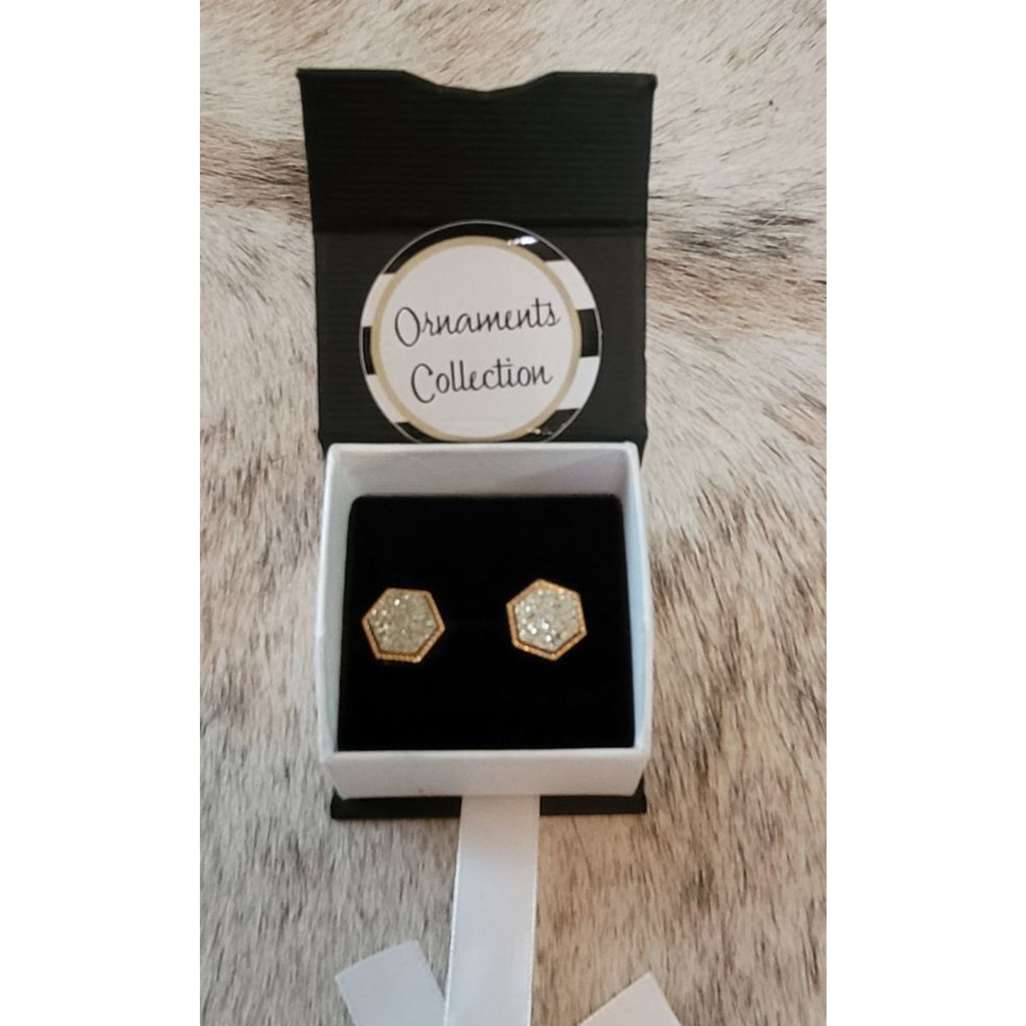 Crystal Druzy Earrings Post Back Gold Framed Hexagon NEW