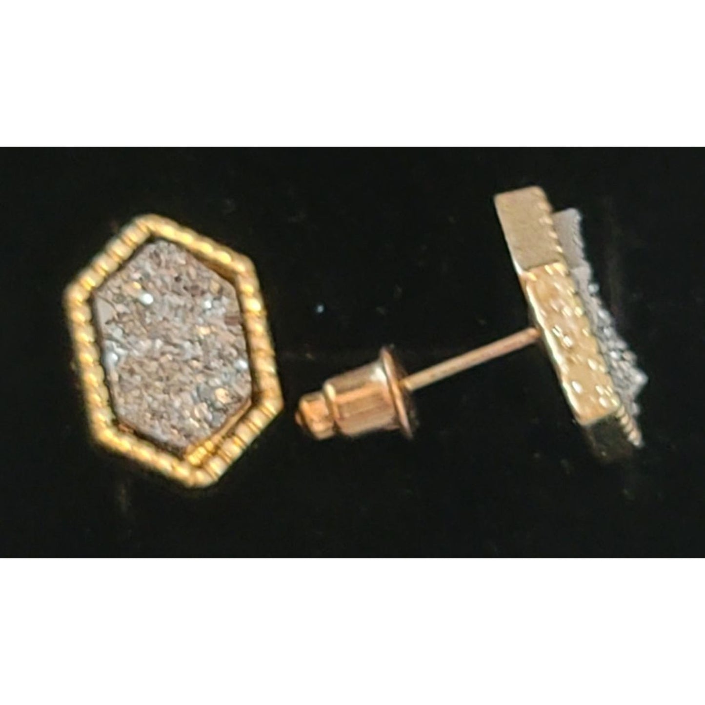 Crystal Druzy Earrings Post Back Gold Framed NEW