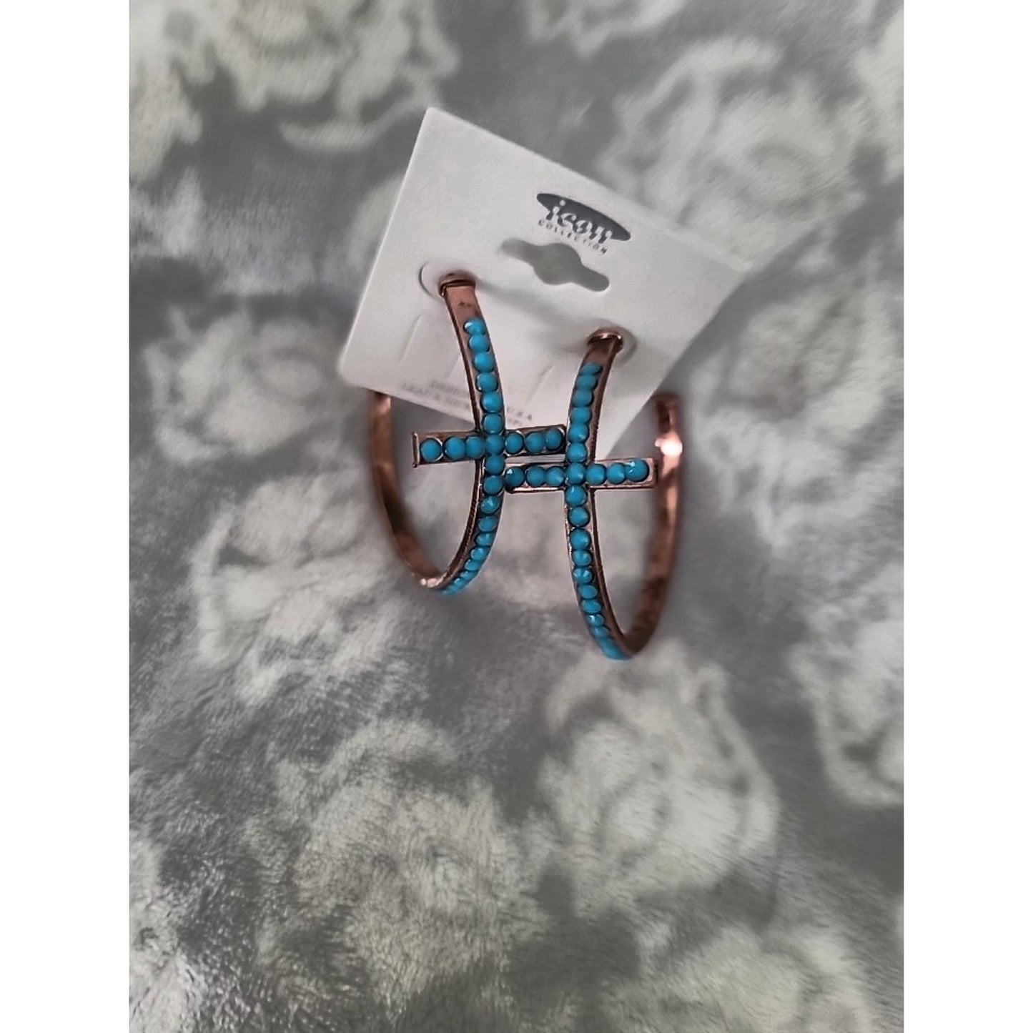 Cross earrings copper and turquoise large hoop - NEW