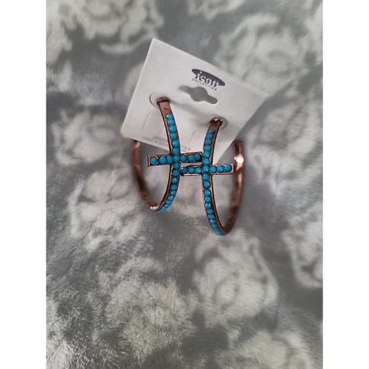 Cross earrings copper and turquoise large hoop - NEW