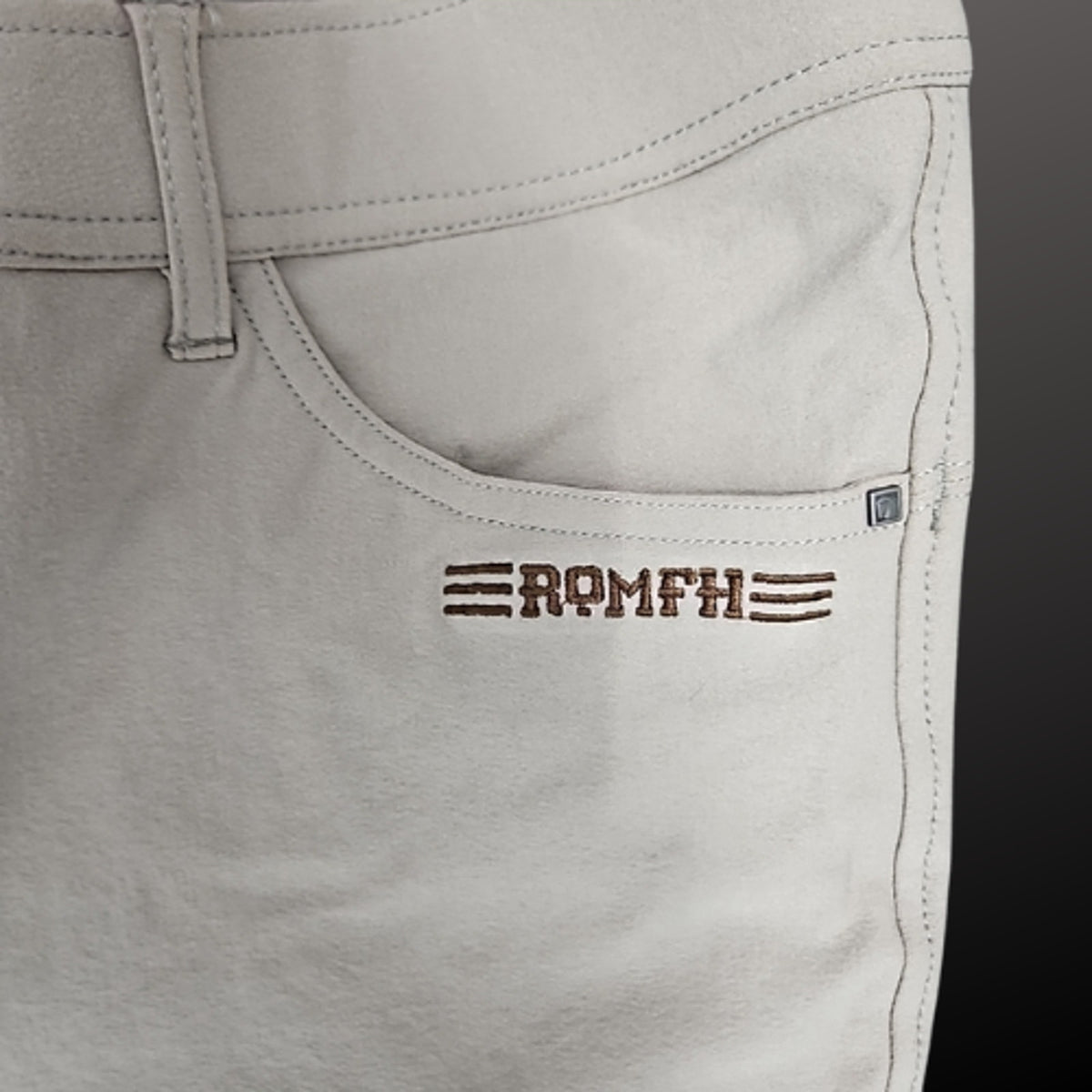 Romfh Full Seat Tan Gray English Breeches Size 34L Pre-Loved