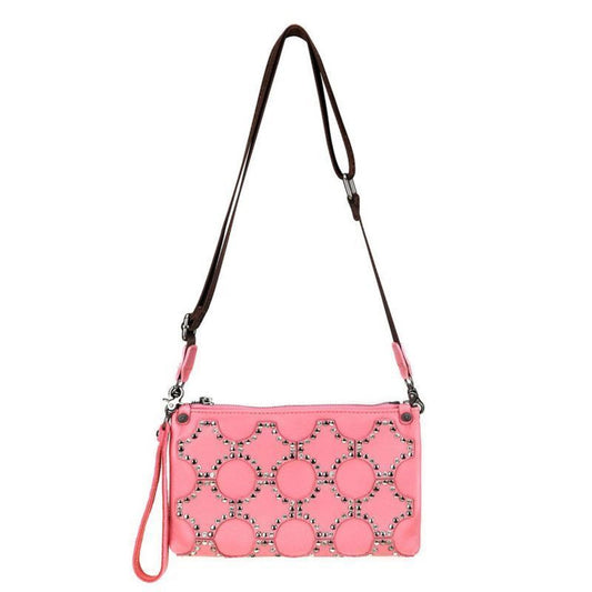 Montana West Crossbody Clutch Pink Genuine Leather Crystals and Studs NEW