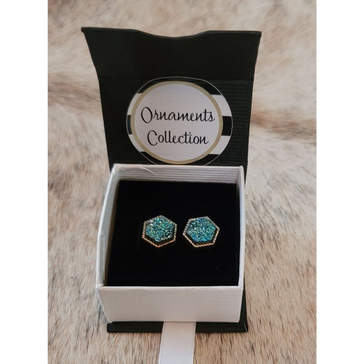 Blue Green Druzy Earrings Post Back Gold Framed Hexagon NEW