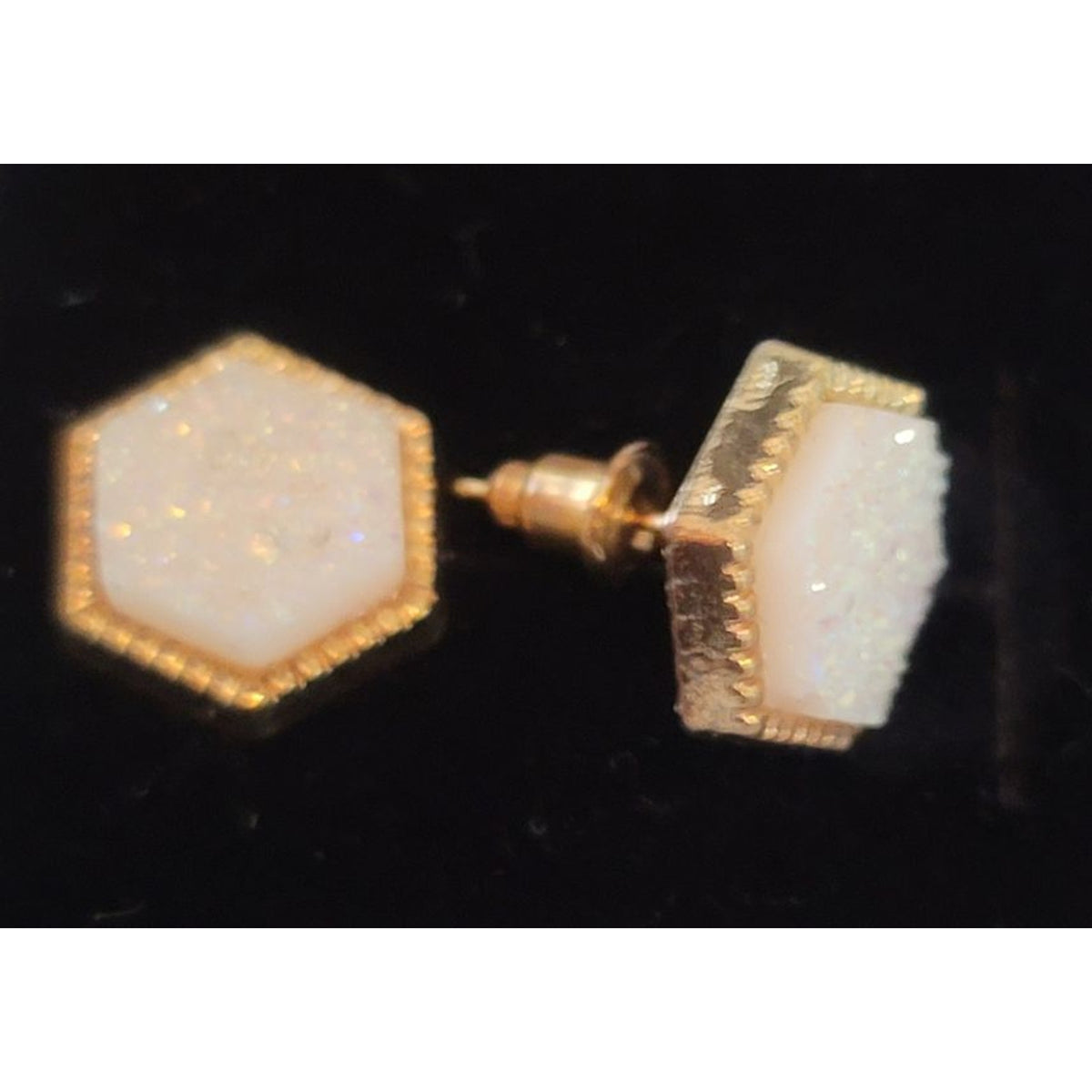 White Druzy Earrings Post Back Gold Framed Hexagon NEW