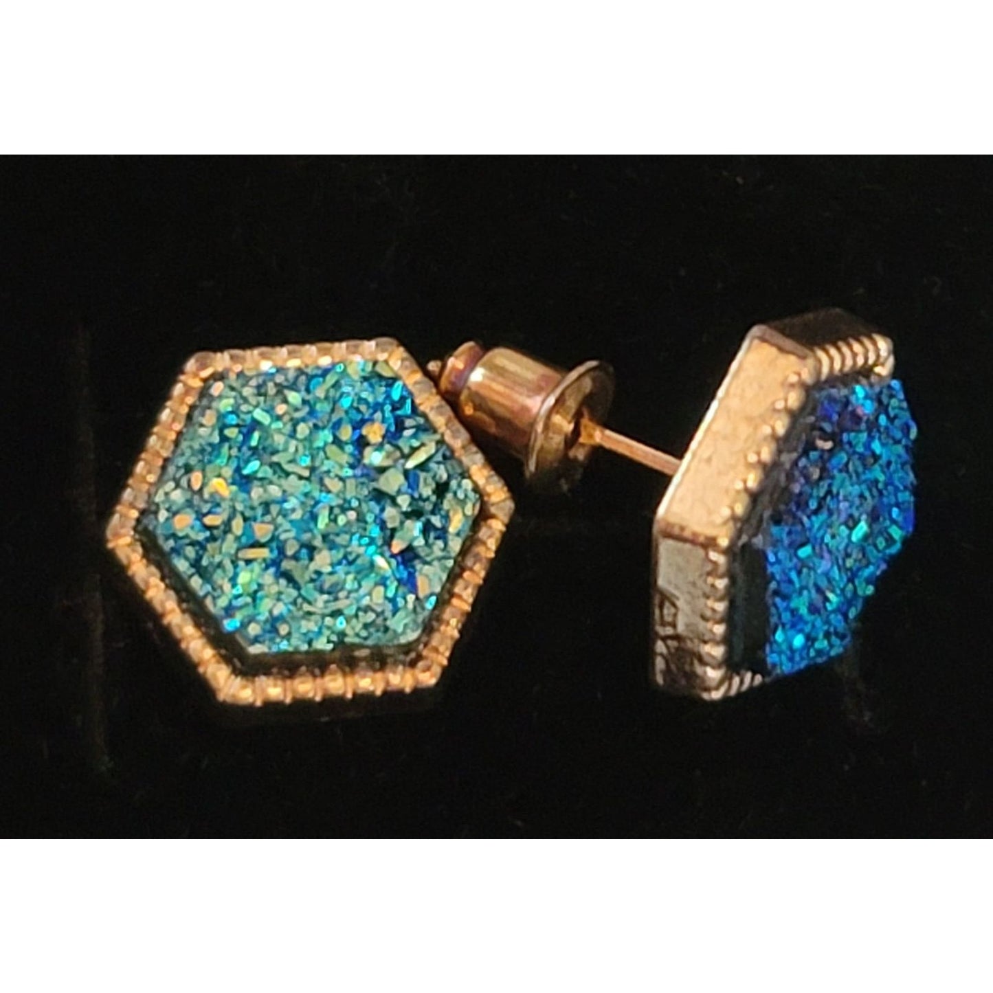 Blue Green Druzy Earrings Post Back Gold Framed Hexagon NEW