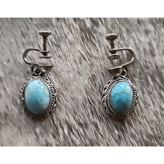 Vintage Sterling Turquoise Earrings Screw Back Non Pierced Clip Ons Pre-Loved