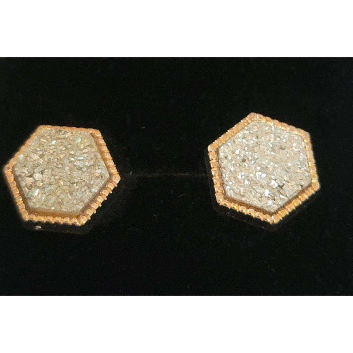 Crystal Druzy Earrings Post Back Gold Framed Hexagon NEW