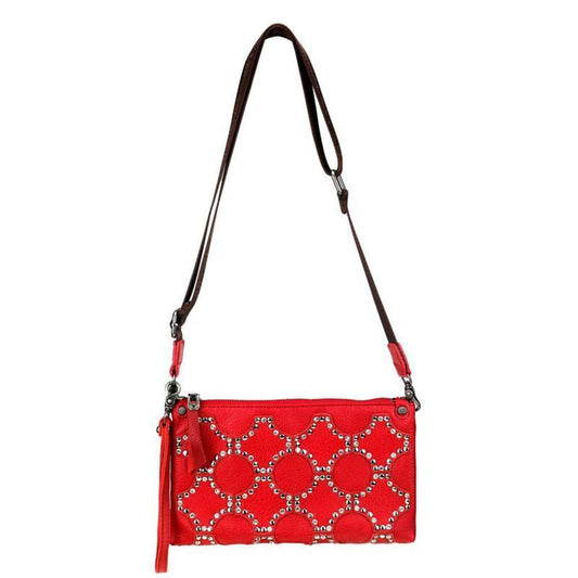 Montana West Crossbody Clutch Red Genuine Leather Crystals and Studs NEW