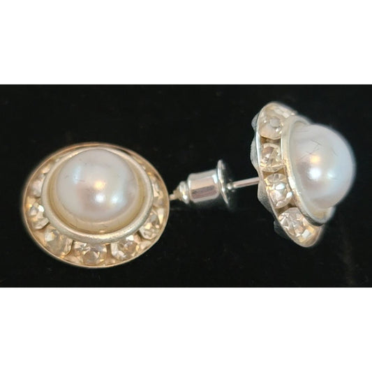 Crystal Pearl Earrings Post Back Round NEW