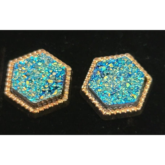 Blue Green Druzy Earrings Post Back Gold Framed Hexagon NEW