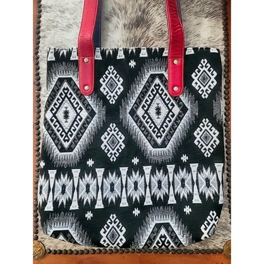 Tapestry and Leather Tote Bag Black & White Graphic! NEW