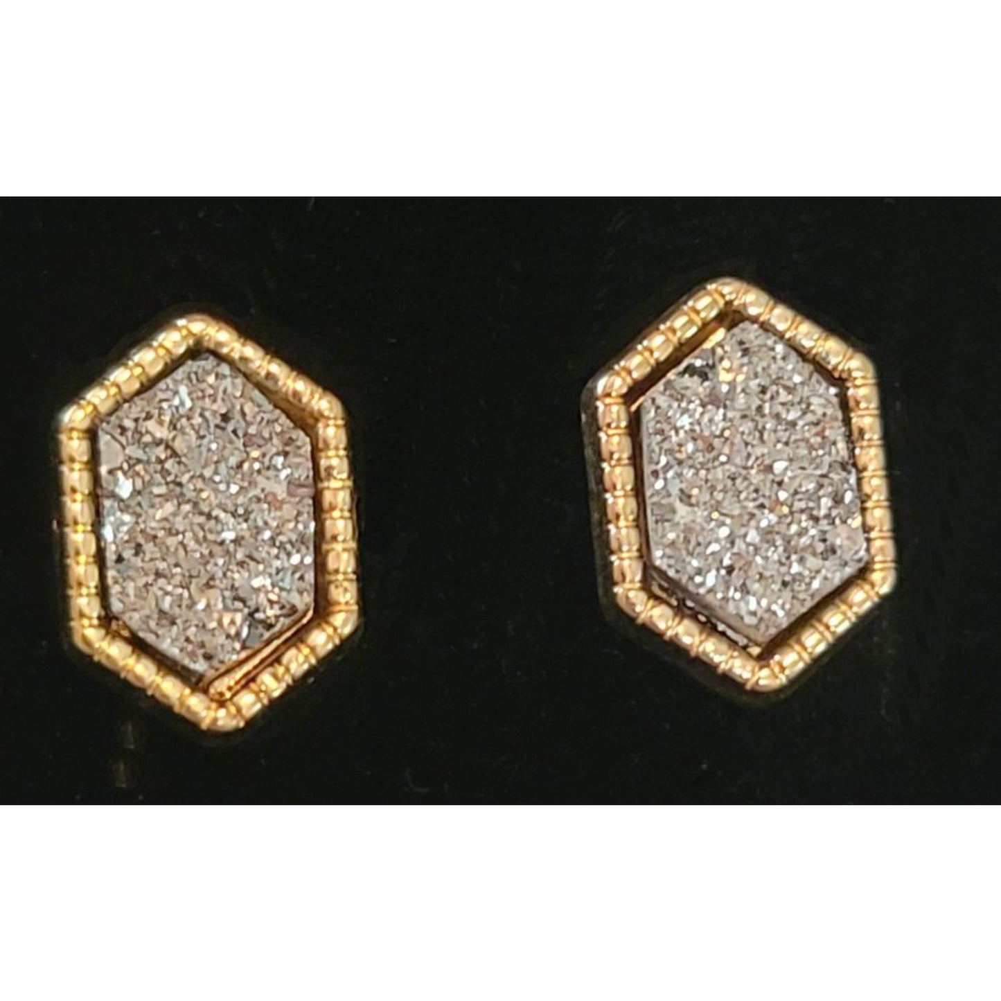 Crystal Druzy Earrings Post Back Gold Framed NEW