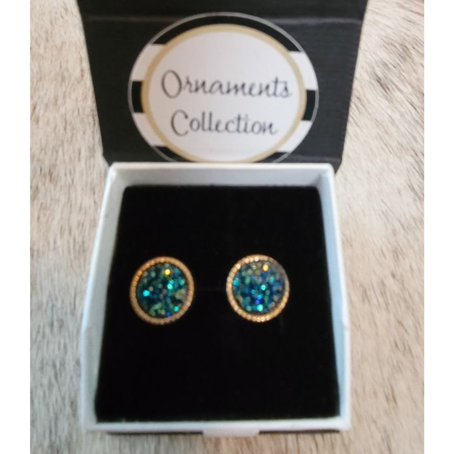 Blue Druzy Earrings Post Back Gold Framed Round NEW