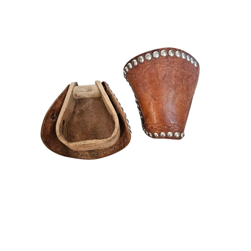 Vintage leather-covered western saddle stirrups Tapaderos